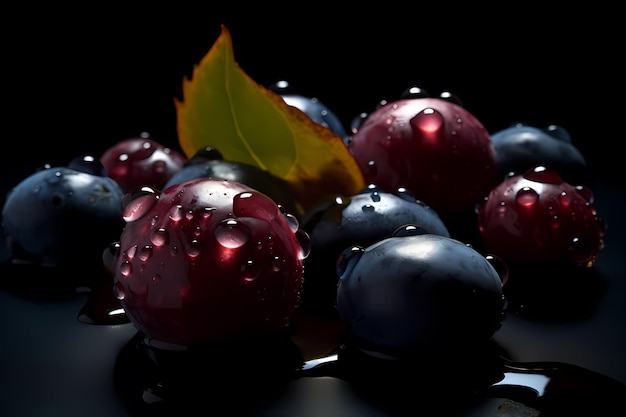 Czarne jagody z liściem na czarnym tle