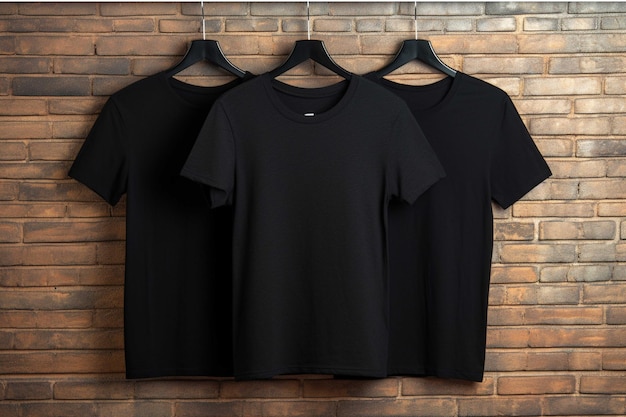 Czarne koszulki na wieszakach na ceglaną ścianę Mockup do projektowania