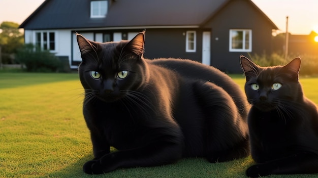 Czarne koty siedzą na tle wiejskiego domu