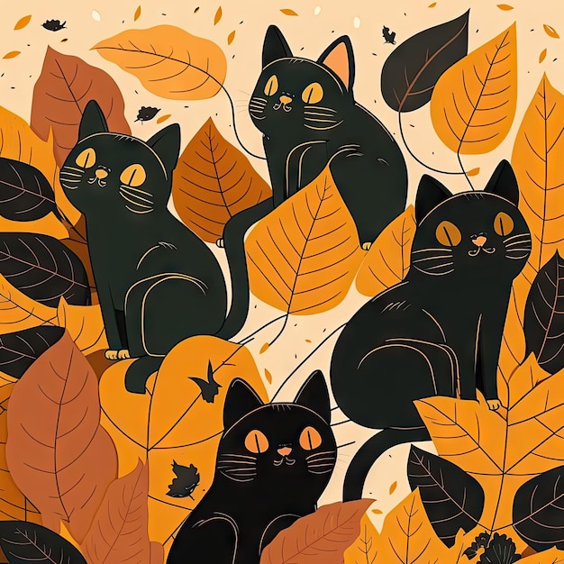 Czarne koty w pomarańczowych i żółtych liściach ai generowane tło Kwiatowa tekstura liści i siedzące tajemnicze retro koty kreatywne postacie z kreskówek Kociaki z dużymi oczami kwiatowa dżungla natura