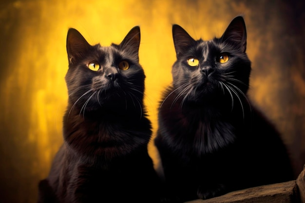 Czarne koty wiedźmy z żółtymi oczami na Halloween siedzące na świeżym powietrzu w jesiennej naturze Jesienny straszny sezon i zabawny horror zwierząt domowych generowany przez sztuczną inteligencję