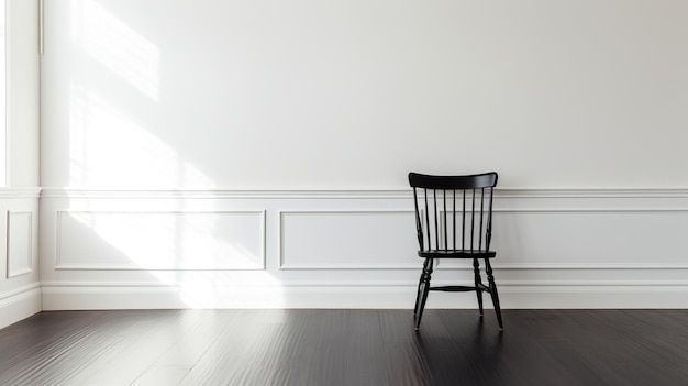 Zdjęcie czarne krzesło we wnętrzu pokoju z białą ścianą