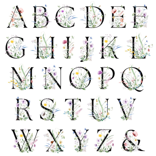 Zdjęcie czarne litery alfabetu z akwarela kwiaty i bukiet liści na białym tle