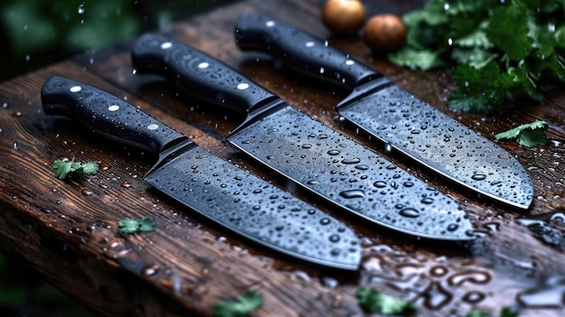 Czarne noże ze stali damasceńskiej na drewnianej desce w deszczu