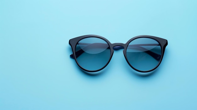 Czarne okrągłe okulary przeciwsłoneczne z niebieskimi soczewkami na niebieskim tle
