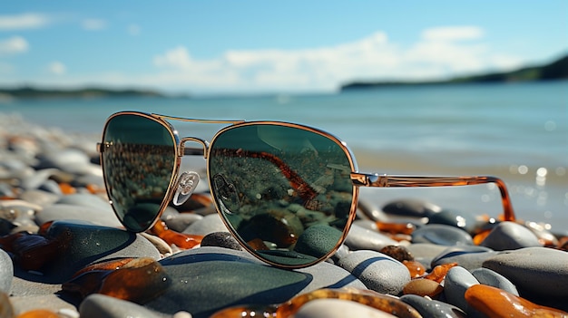 Zdjęcie czarne okulary przeciwsłoneczne na plaży morskiej