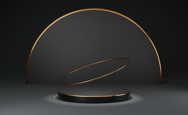 Czarne podium puste z geometrycznymi kształtami w szarej kompozycji dla nowoczesnego wyświetlania sceny i minimalistycznego maketu abstrakcyjnego tła wystawy Koncepcja ilustracja 3D lub renderowanie 3D