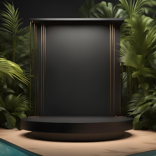 Czarne podium w nowoczesnym tropikalnym tle do renderowania 3D lokowania produktu