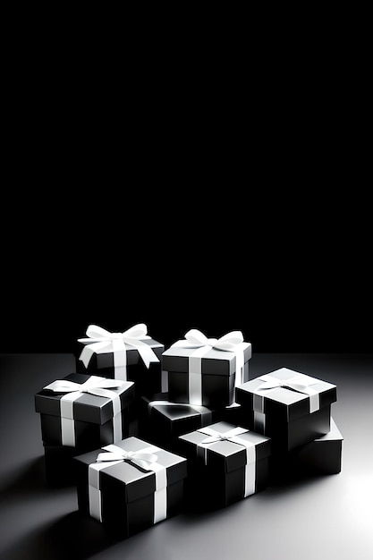 Zdjęcie czarne pudełka podarunkowe z łukiem black friday sprzedaż zawartość generowana przez ai