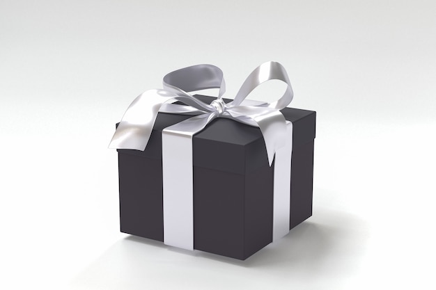Czarne pudełko prezentowe 3d ze srebrną wstążką i kokardką