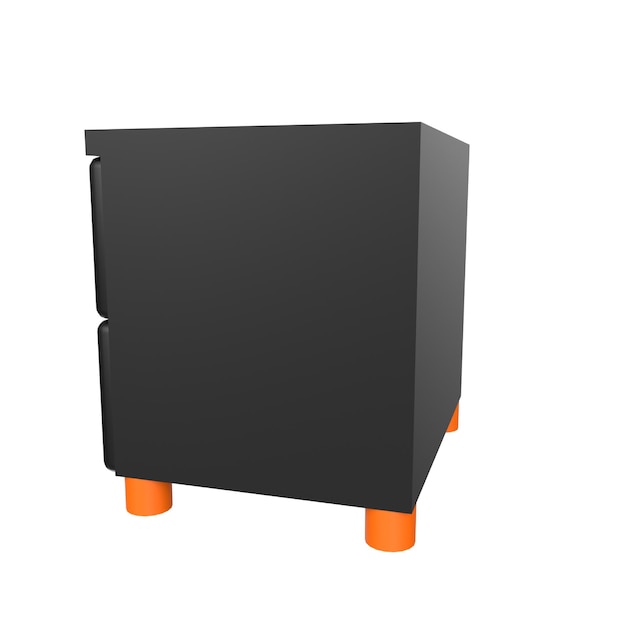 Czarne pudełko z pomarańczowymi nogami i czarną podstawą z napisem „s”.