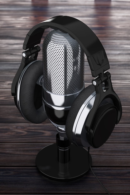 Zdjęcie czarne słuchawki na mikrofon retro na zbliżenie skrajny drewniany stół. renderowanie 3d