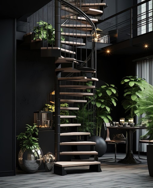 czarne spiralne schody w pokoju z obrazami i roślinką