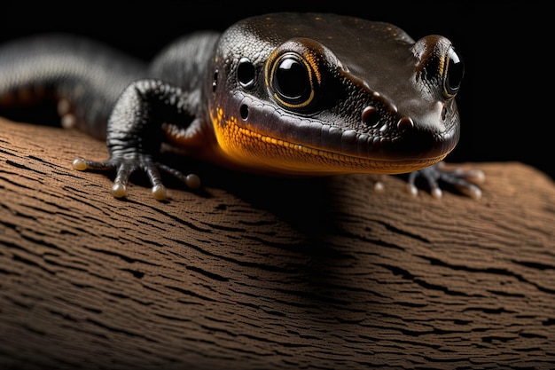 Czarne tło i zbliżenie salamandry tylototriton verrucosus na drewnie