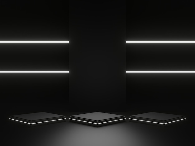Czarne tło naukowe 3D Ciemne podium z białymi neonami