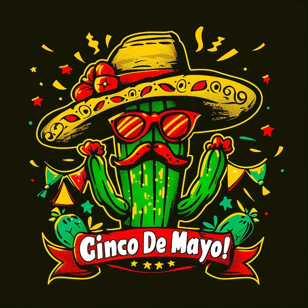 czarne tło z obrazem kaktusa i sombrero Święto Cinco de Mayo