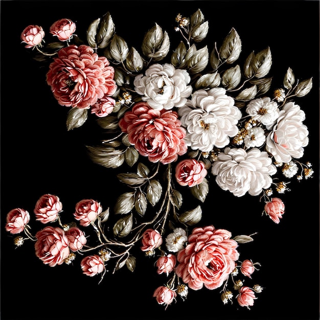 Czarne tło z różowymi i białymi kwiatami i liśćmi.