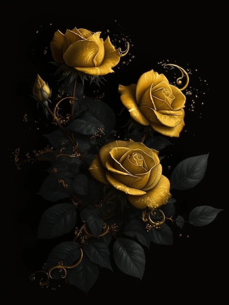 Czarne tło z złotymi różami i liśćmi.