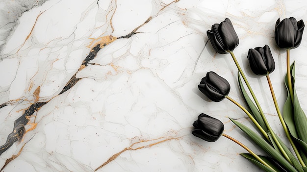 Zdjęcie czarne tulipany na powierzchni marmurowej horyzontalne tło z kompozycją wiosenną z przestrzenią do kopiowania