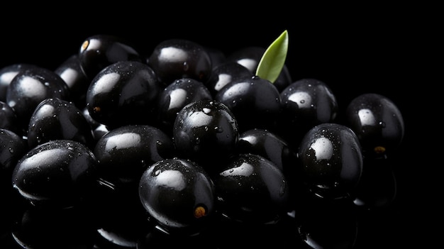 Czarne winogrona z zielonymi liśćmi