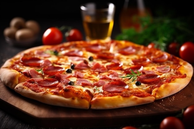 Czarne włoskie jedzenie pizza pomidor szybka przestrzeń ser kopiowanie szybki posiłek generatywna sztuczna inteligencja