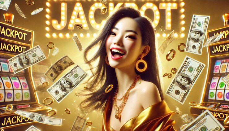 Czarne włosy Szczęśliwa Azjatka wygrywa jackpot dolar hiper realistyczny szablon mediów społecznościowych Avatar