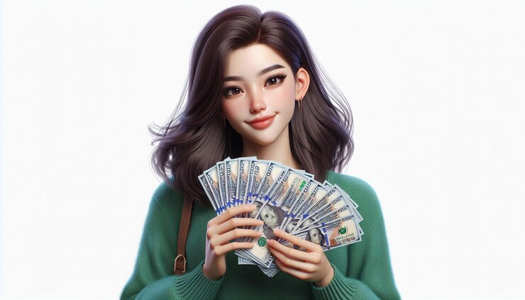 Czarne włosy Szczęśliwa Azjatka wygrywa jackpot dolar hiper realistyczny szablon mediów społecznościowych Avatar