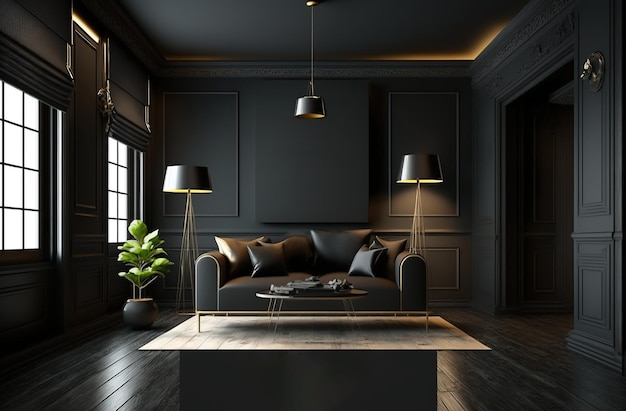 Czarne wnętrze w luksusowym stylu Salon z ciemnymi ścianami Minimalistyczny projekt mieszkania Generative Ai