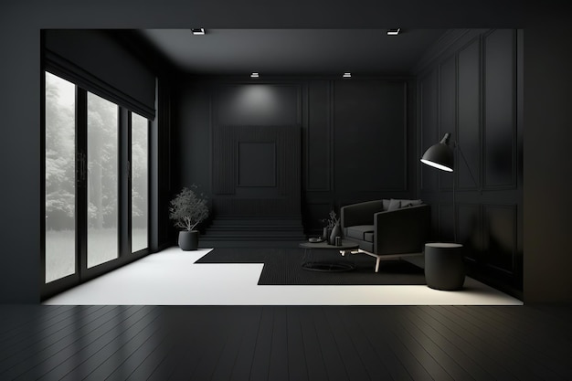 Czarne wnętrze w luksusowym stylu Salon z ciemnymi ścianami Minimalistyczny projekt mieszkania Generative Ai
