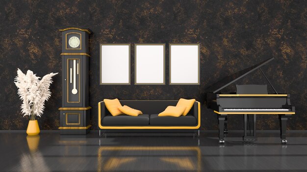 Czarne wnętrze z czarno-żółtym fortepianem, vintage zegar i ramka do makiety, ilustracja 3d