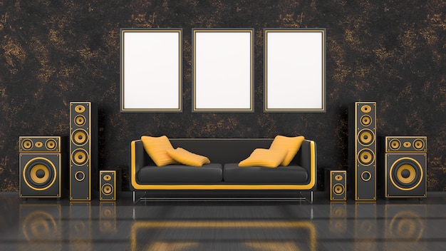 Czarne wnętrze z nowoczesnym czarno-żółtym systemem głośników, sofą i ramą do makiety, ilustracja 3d