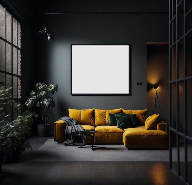 Czarne współczesne minimalistyczne wnętrze z żółtą sofą z dużymi ramami stolikiem kawowym i wystrojem Generative AI