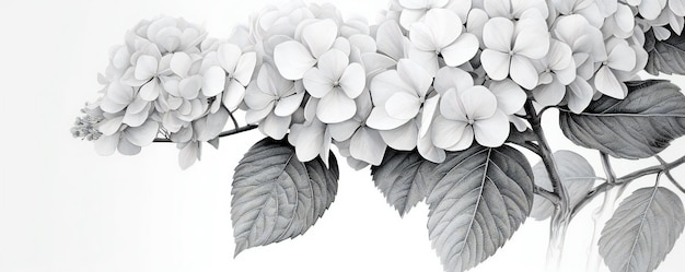 Zdjęcie czarno-biała floralna linia hortensji na białym tle