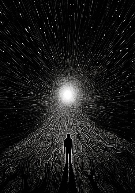Czarno-biała ilustracja człowieka stojącego przed pełnym gwiazd nieba generatywny ai