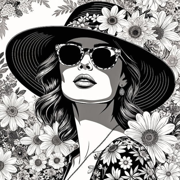 Czarno-biała ilustracja kobiety noszącej okulary przeciwsłoneczne, kwiatowy kapelusz i kwiatową sukienkę otoczoną kwiatami