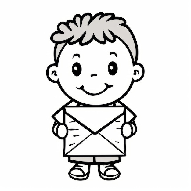 Czarno-biała ilustracja kreskówka przedstawiająca postać chłopca trzymającego kopertę