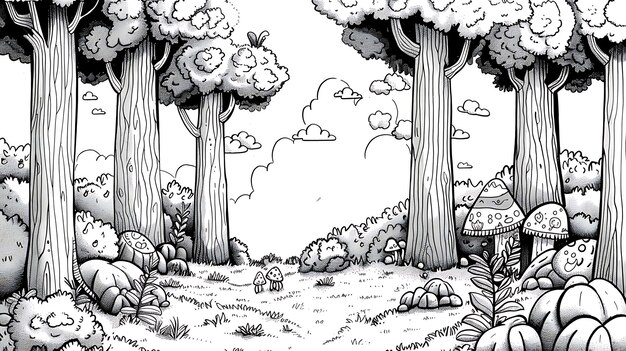 Czarno-biała ilustracja lasu Drzewa są wysokie, a gałęzie gęste Są grzyby i inne rośliny na ziemi