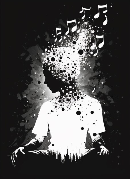 Zdjęcie czarno-biała ilustracja mężczyzny z nutami muzycznymi wychodzącymi z jego głowy