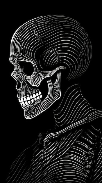 Czarno-biała ilustracja przedstawiająca czaszkę z napisem czaszka.