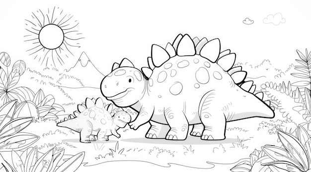 Czarno-biała ilustracja przedstawiająca dwóch przyjaznych dinozaurów z kreskówek