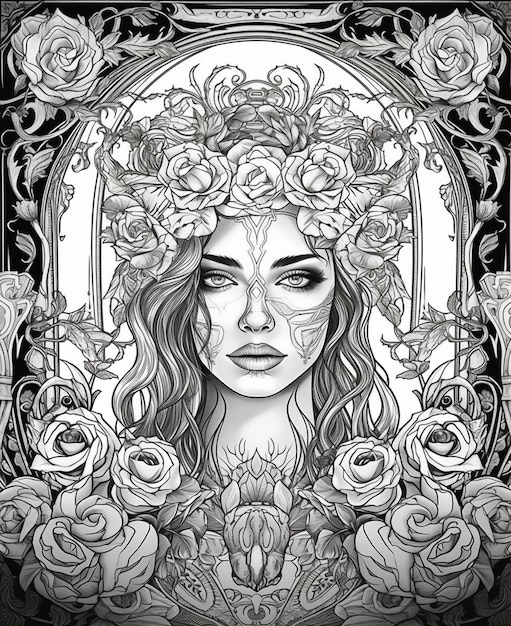 Czarno-biała ilustracja przedstawiająca kobietę z różami na głowie.