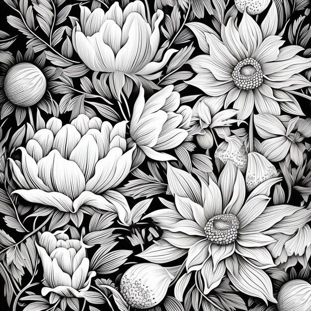Czarno-biała ilustracja przedstawiająca kwiaty z napisem „kwiaty”.