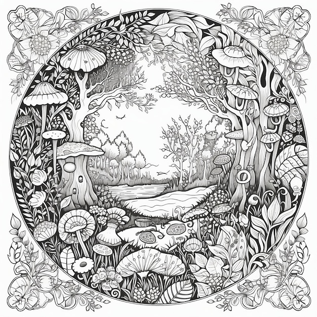 Czarno-biała ilustracja przedstawiająca las z jeziorem i grzybami.