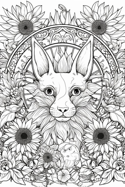 Czarno-biała ilustracja przedstawiająca lisa z kwiatami i napisem „alchemia”.