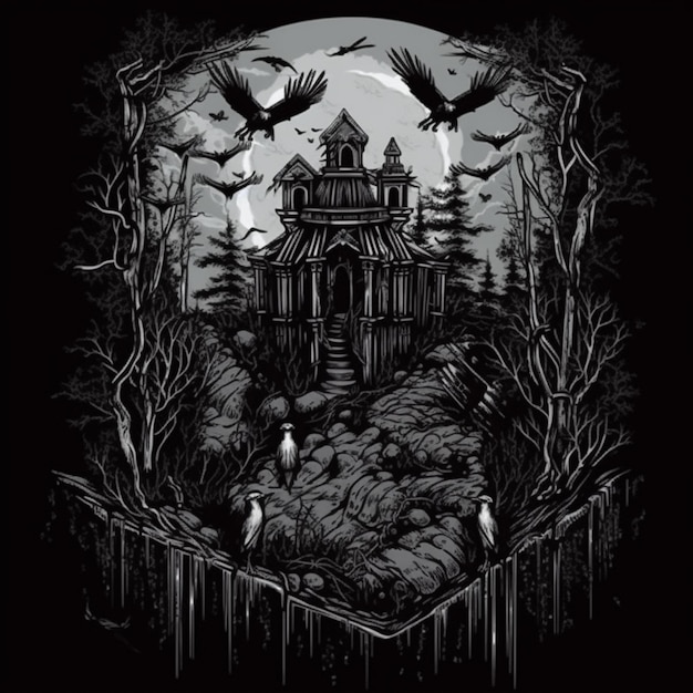 Czarno-biała ilustracja przedstawiająca nawiedzony dom z księżycem w tle.