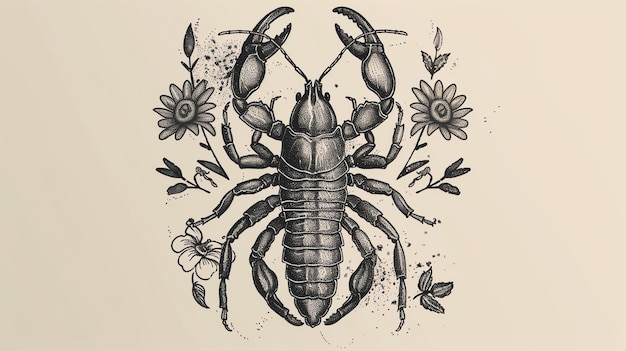 Zdjęcie czarno-biała ilustracja skorpiona otoczonego kwiatami i liśćmi.