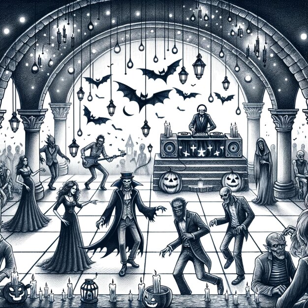 czarno-biała ilustracja święta Halloween