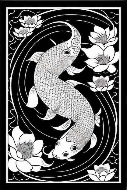 Czarno-biała kartka z rybą koi pływającą w wodzie.