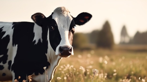 Czarno-biała krowa pasie się na łące w słoneczny dzień Wygenerowane przez AI