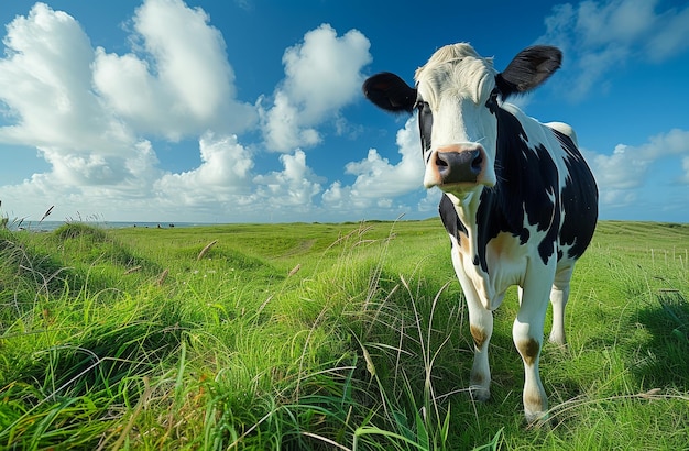 Czarno-biała krowa stoi na zielonym polu z niebieskim niebem i białymi chmurami za nią